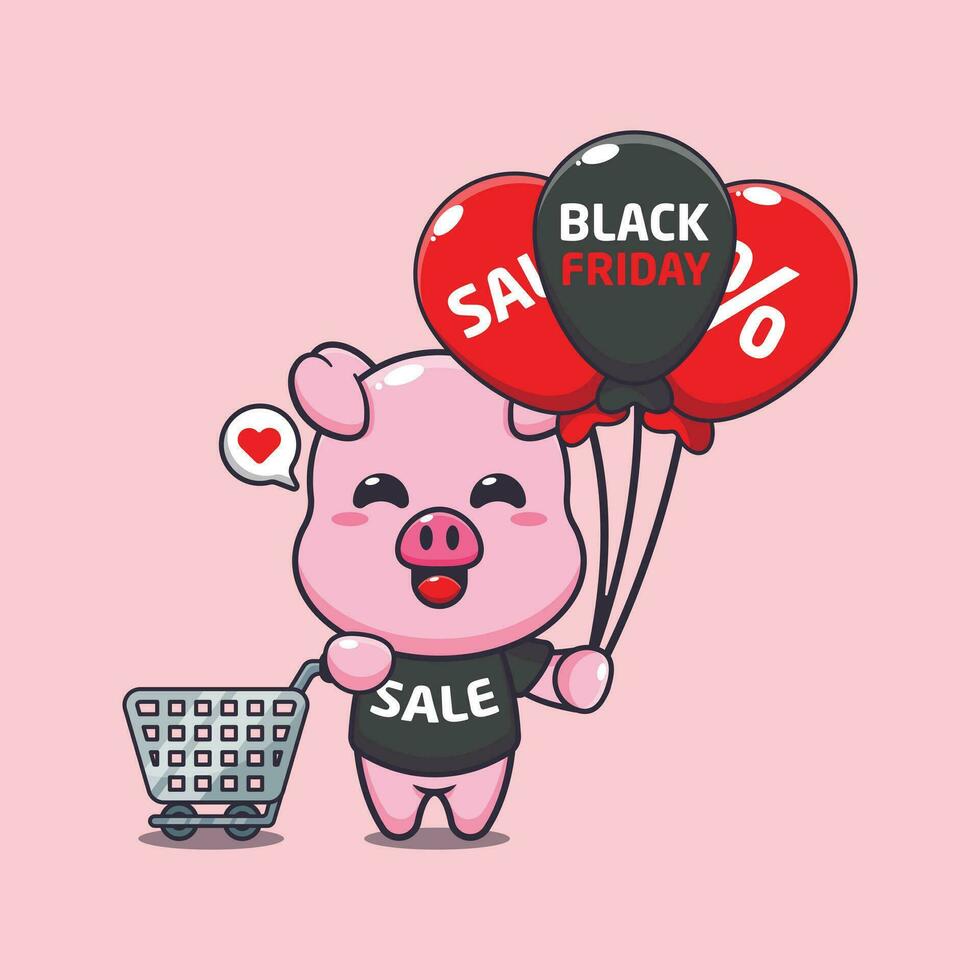 fofa porco com compras carrinho e balão às Preto Sexta-feira venda desenho animado vetor ilustração