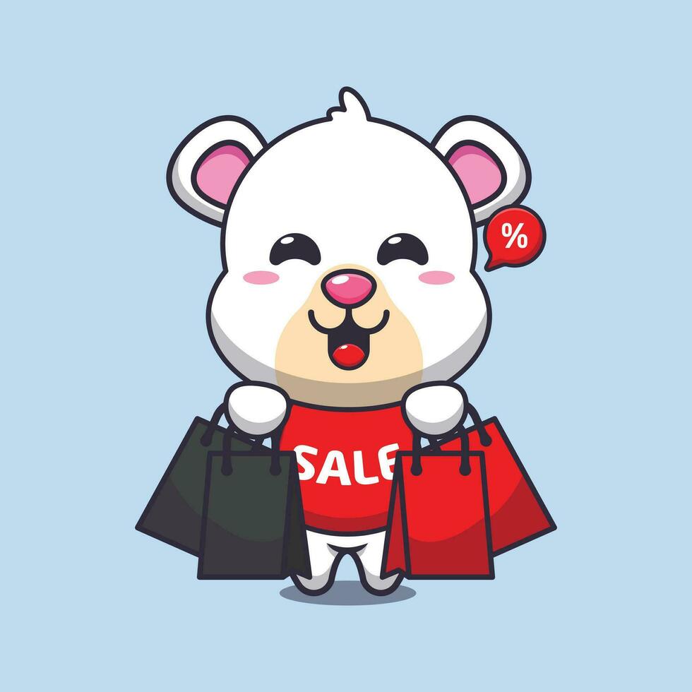 fofa polar Urso com compras saco dentro Preto Sexta-feira venda desenho animado vetor ilustração