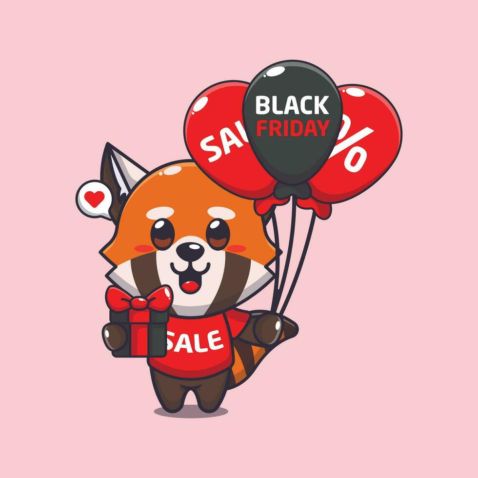 fofa vermelho panda com presentes e balões dentro Preto Sexta-feira venda desenho animado vetor ilustração