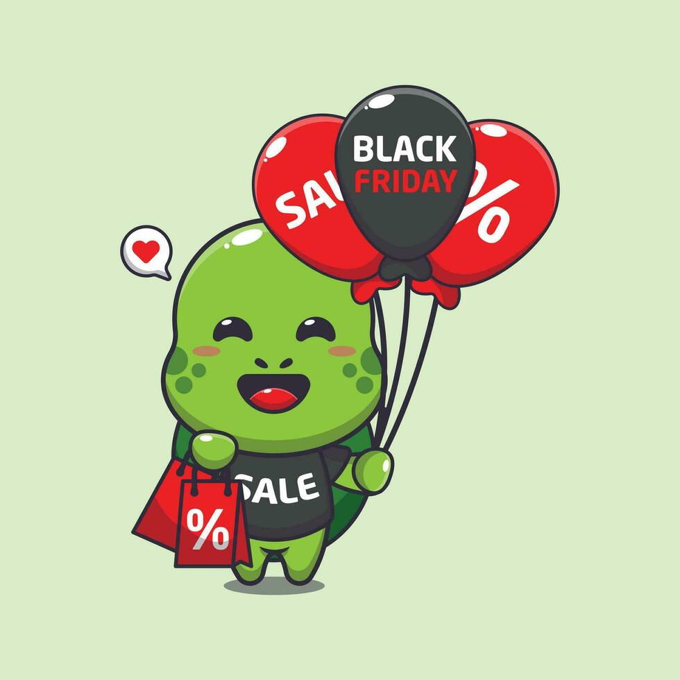 fofa tartaruga com compras saco e balão às Preto Sexta-feira venda desenho animado vetor ilustração