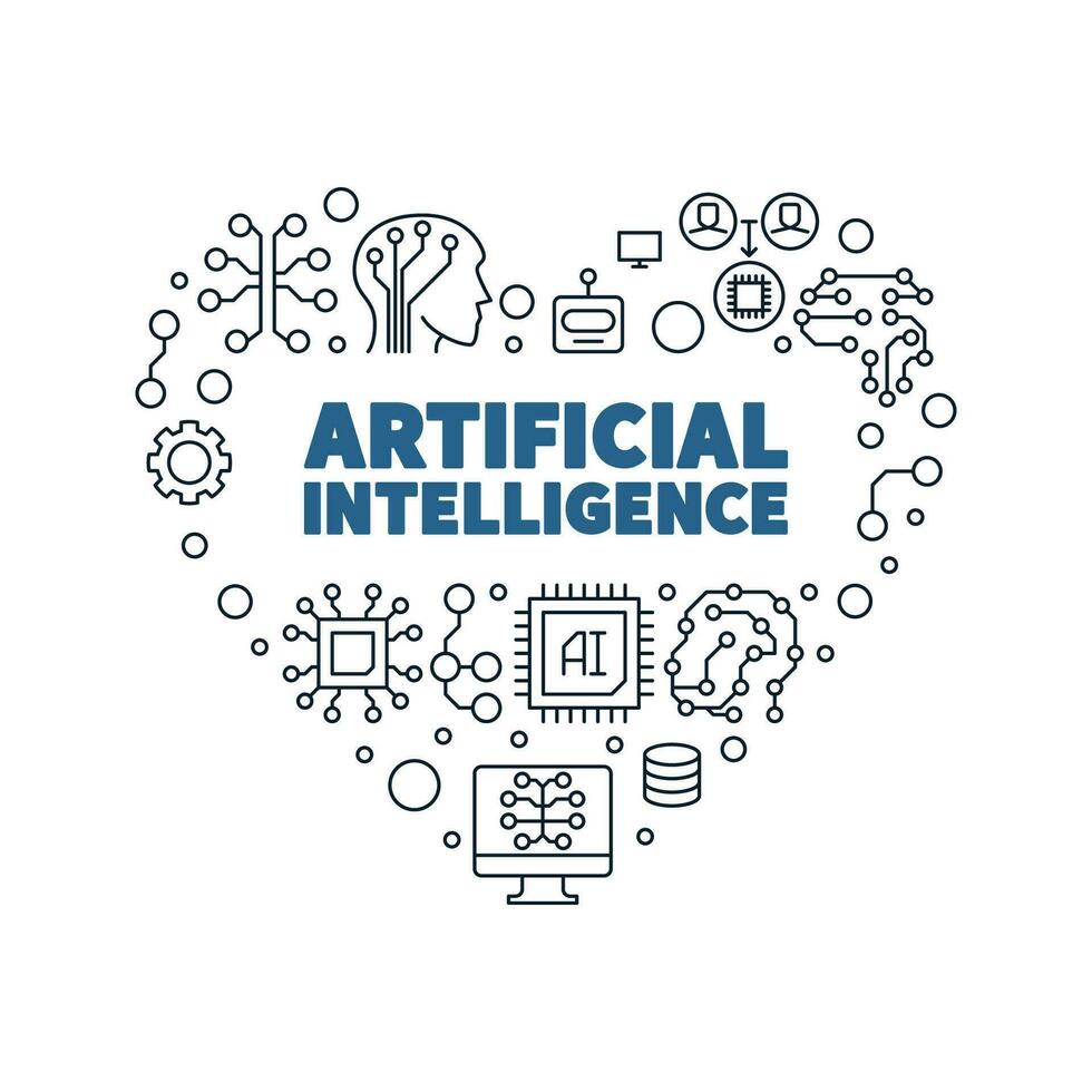 artificial inteligência coração bandeira dentro fino linha estilo - ai tecnologia conceito ilustração vetor