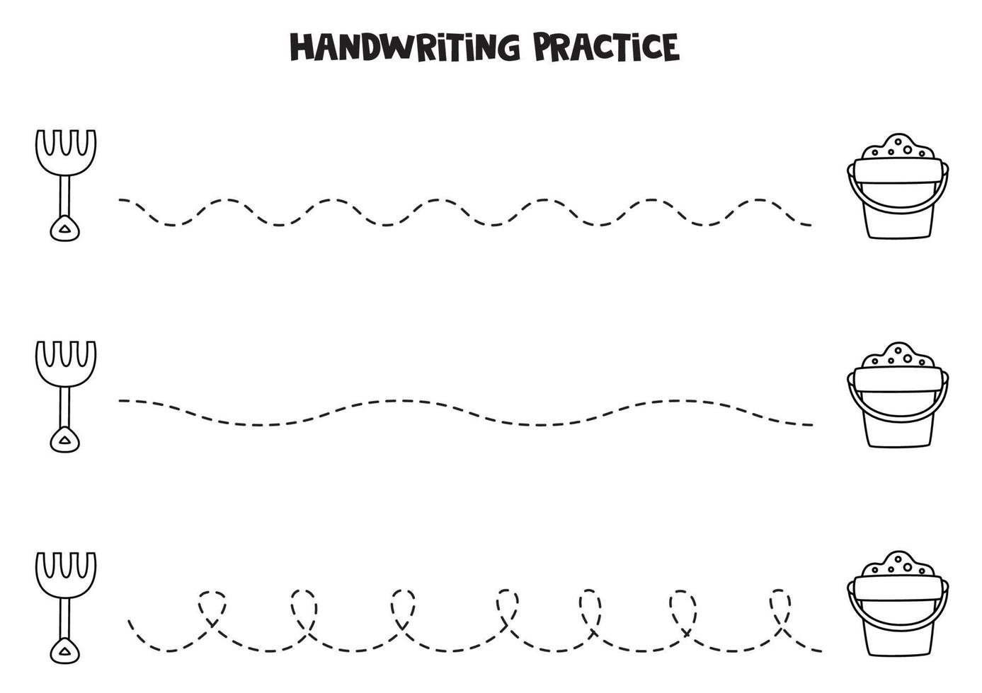 traçando linhas com baldes e ancinhos pretos e brancos. prática da escrita. vetor
