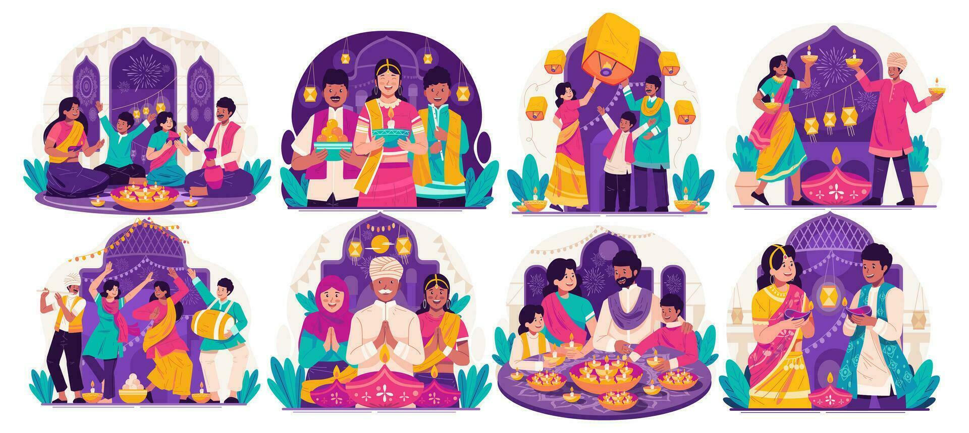 ilustração conjunto do feliz diwali saudações. indiano pessoas dentro tradicional roupas segurando aceso óleo lâmpadas ou diya a comemorar diwali festival do luzes vetor