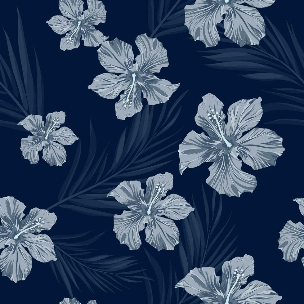 tropical desatado monocromático azul índigo camuflar fundo com folhas e flores vetor