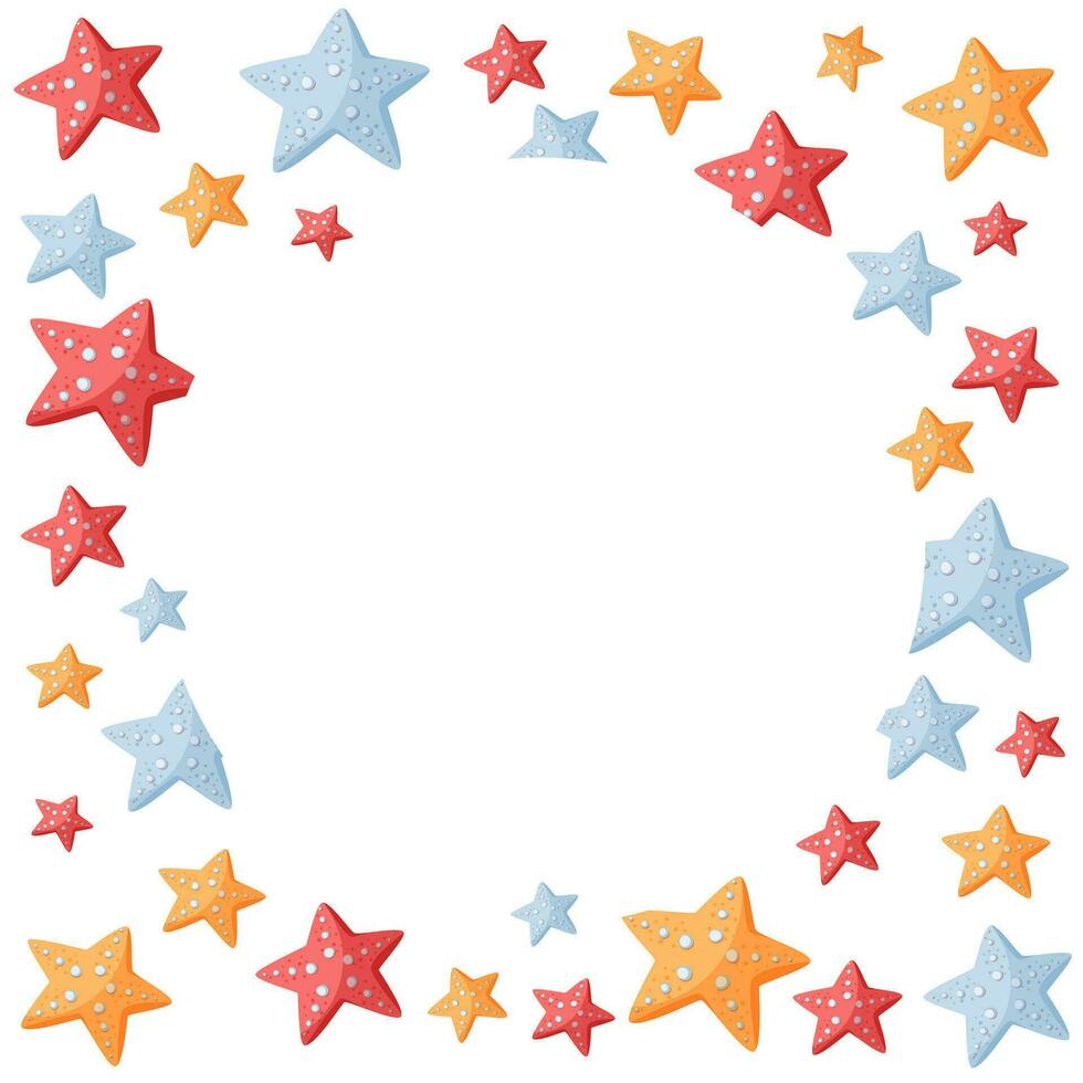 decorativo volta quadro, Armação com colorida estrelas do mar isolado em branco. volta guirlanda com cópia de espaço para texto, para cartões postais, náutico festa convites, poster, cartão, folheto. desenho animado vetor ilustração.