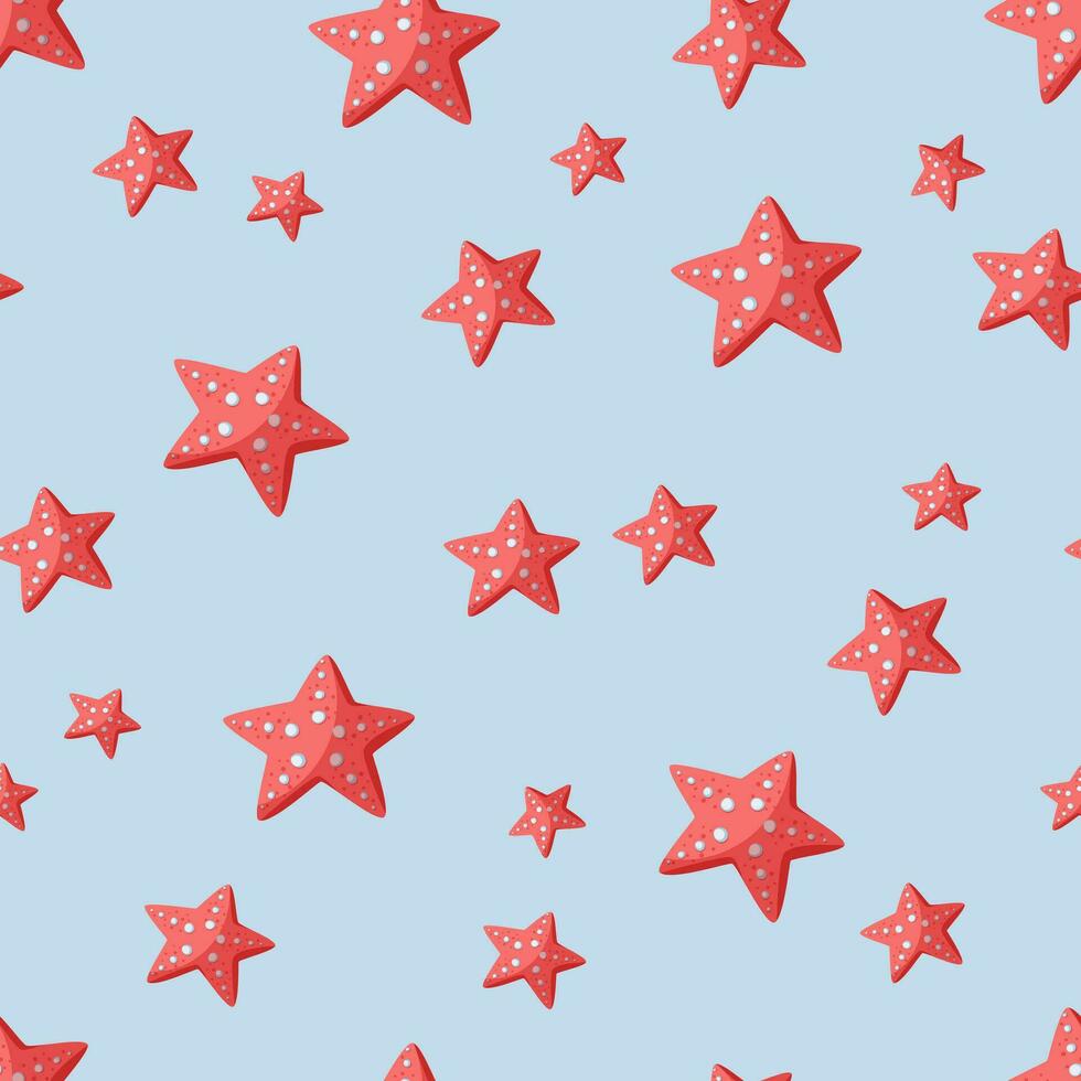vermelho estrelas do mar desatado vetor padronizar. embaixo da agua animais dentro a forma do estrelas com otários. plano desenho animado estilo, mão desenhado infantil ilustração em uma azul fundo. fofa mar pano de fundo