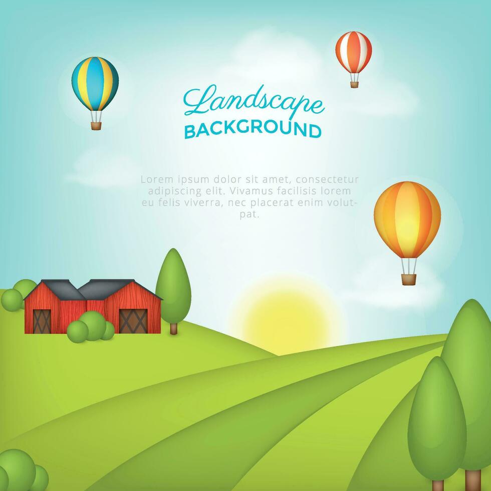 panorama com quente ar balões e Fazenda em azul céu fundo vetor ilustração