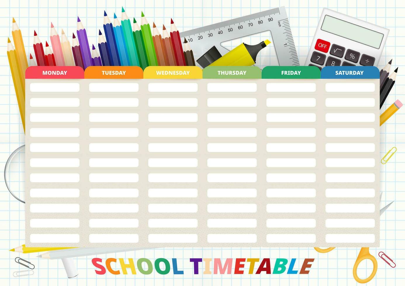 escola calendário vetor modelo, calendário a partir de Segunda-feira para domingo em fundo com escola escritório suprimentos.