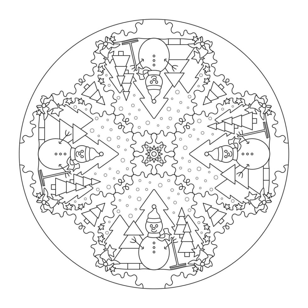 Natal mandala. coloração página Natal tema. boneco de neve e abeto árvore. neve caindo. vetor