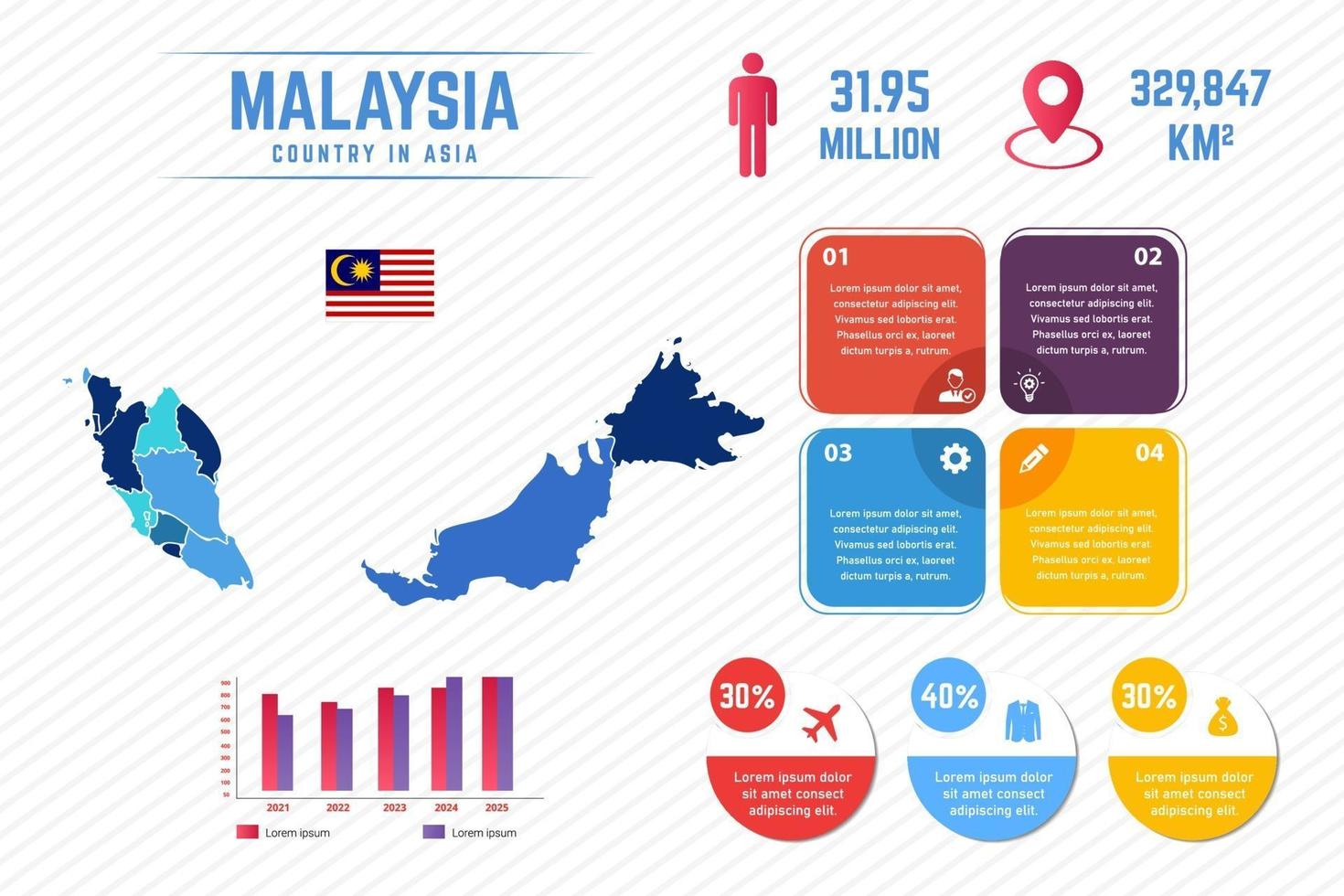 modelo de infográfico de mapa colorido da Malásia vetor