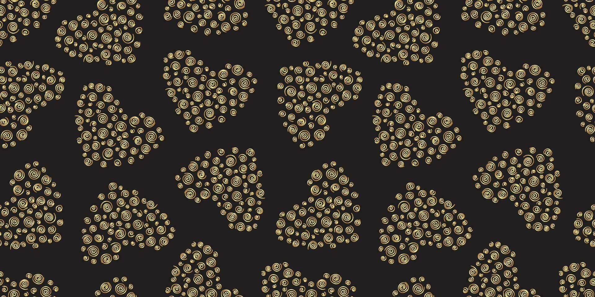 dourado corações em Preto fundo desatado padronizar vetor ilustração. luxuoso elegante padronizar. mão desenhado decorativo ouro coração para presente embalagem, invólucro papel, têxtil. dia dos namorados dia.