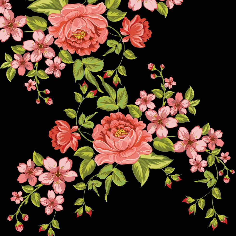 lindo Rosa flores e verde folhas em uma Preto fundo vetor