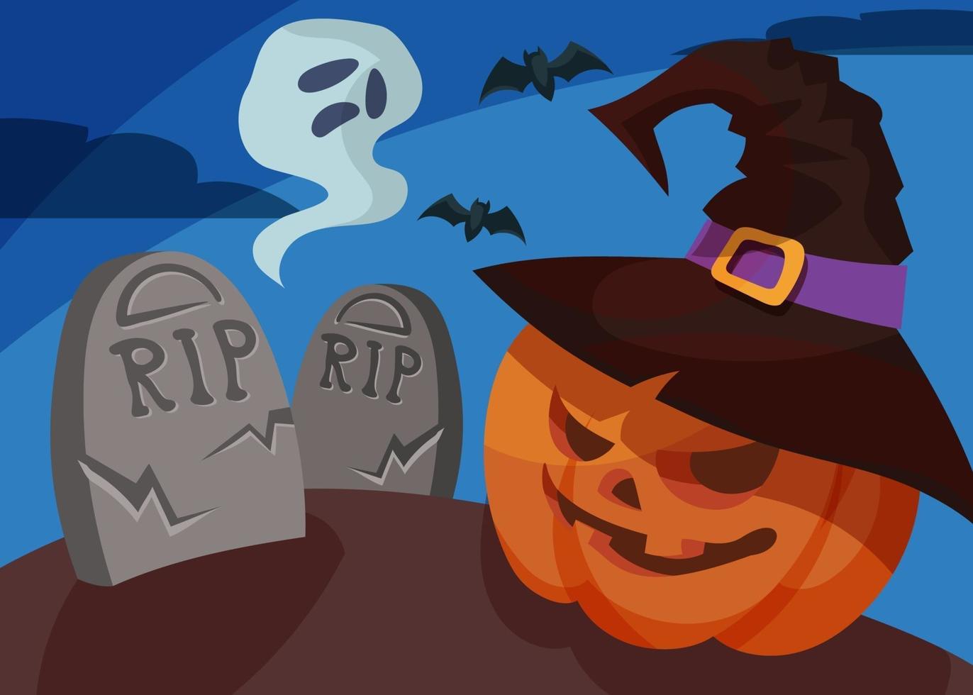 banner com cabeça de abóbora e fantasma. desenho de cartaz de halloween. vetor