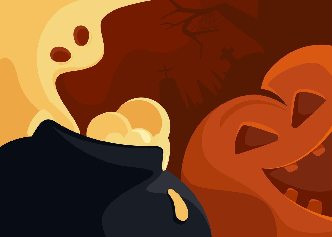 banner abstrato com fantasma e cabeça de abóbora. desenho de cartão postal de halloween vetor