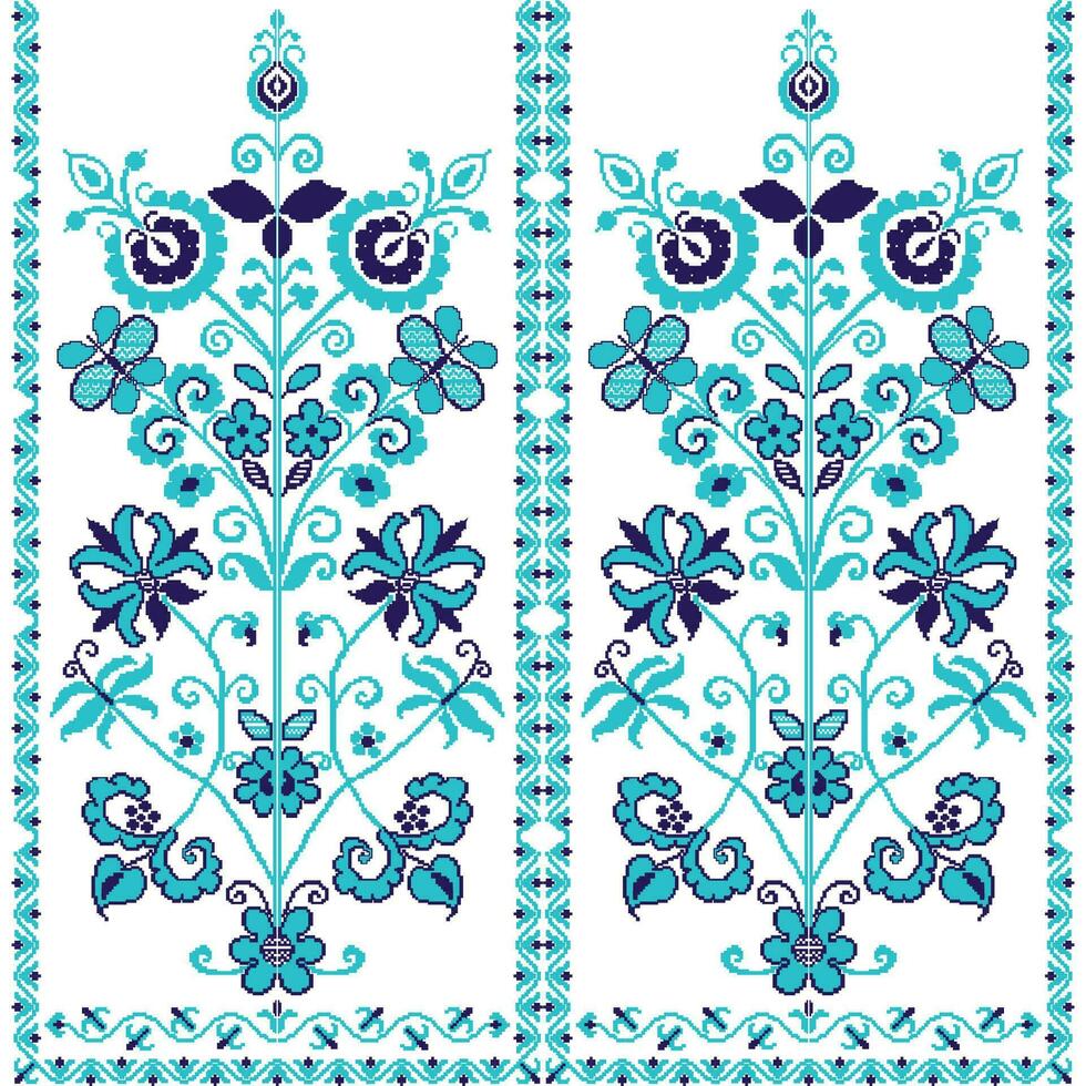 uma azul e branco floral Projeto em uma branco fundo, pixel arte vetor