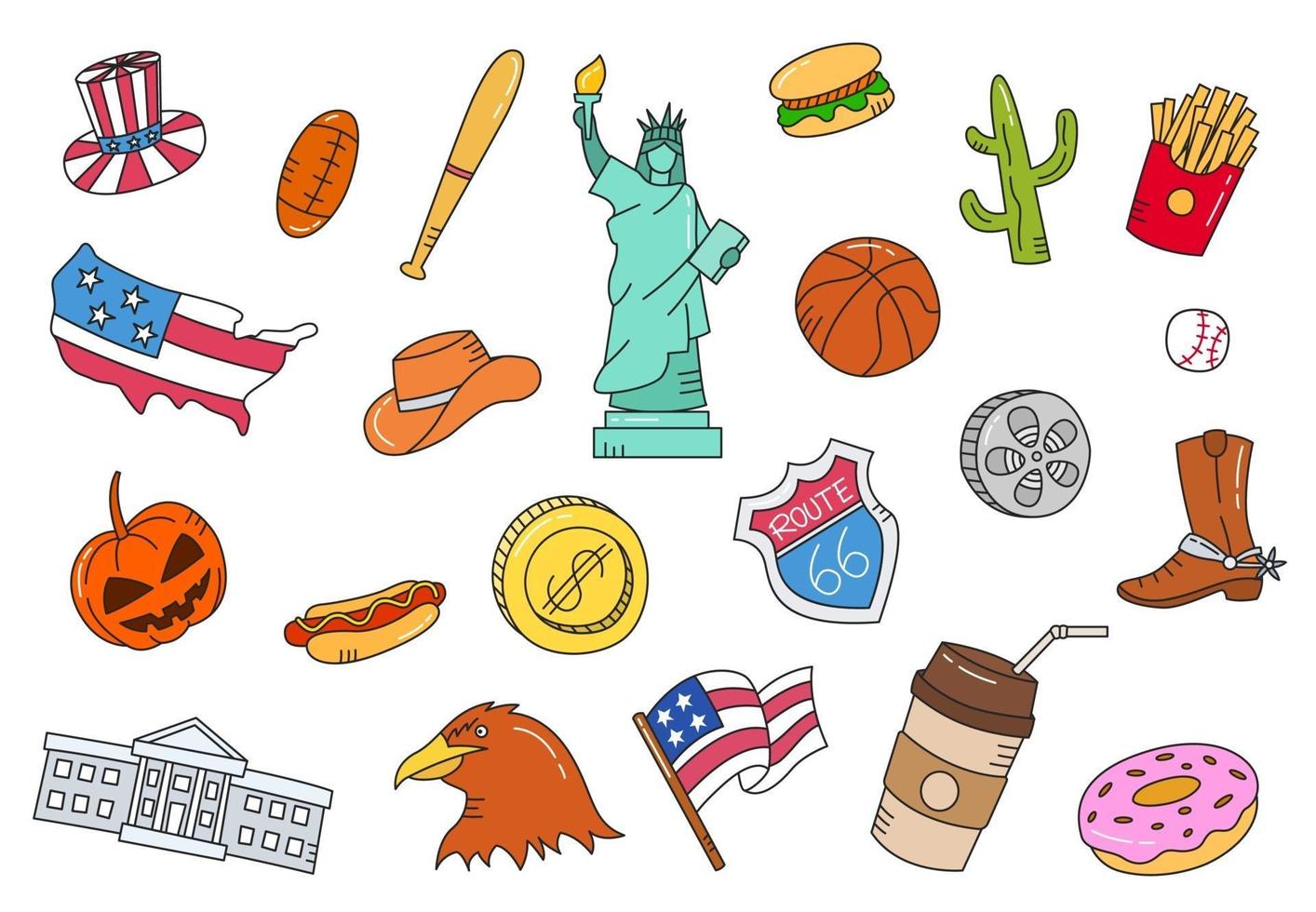 américa ou estados unidos nos doodle coleções de conjuntos desenhados à mão vetor