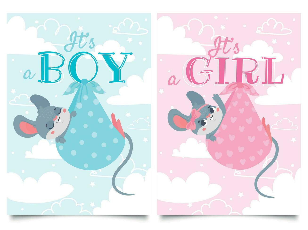Está Garoto e menina cartões. bebê chuveiro rótulo com fofa rato, ratos crianças vetor desenho animado ilustração conjunto