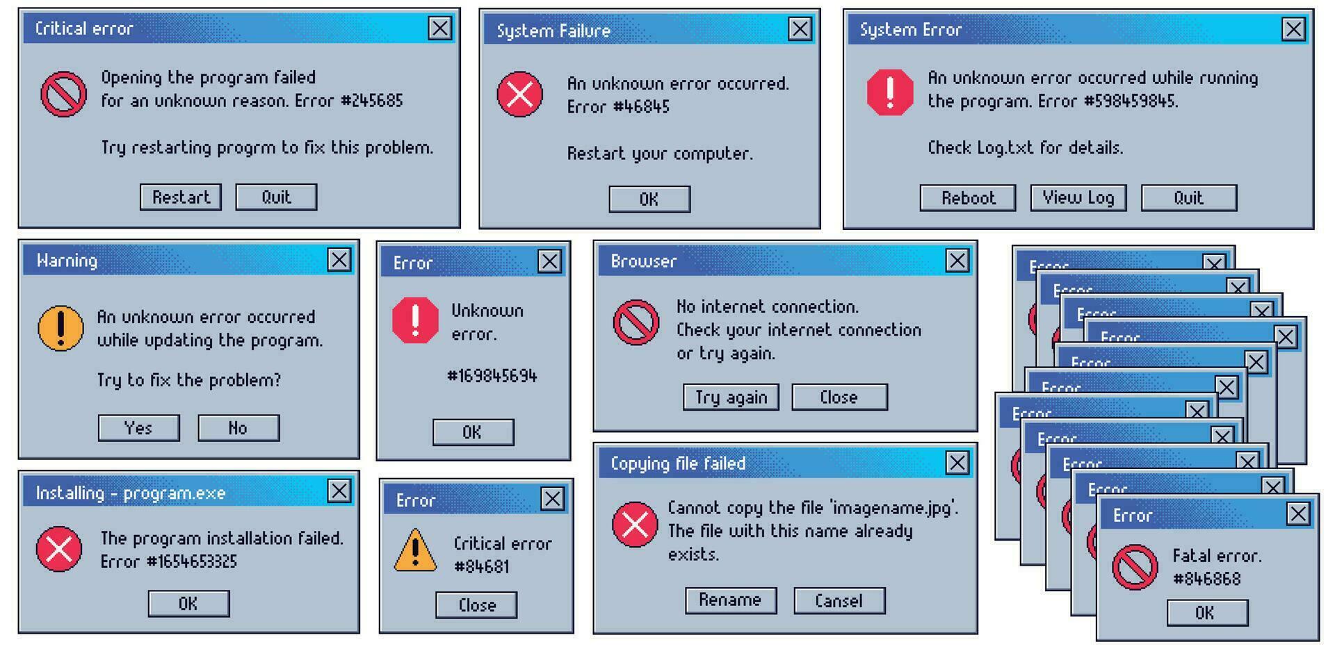 retro erro mensagem. velho do utilizador interface sistema fracasso janela, fatal e crítico erros mensagens. estragado computador problema advertências vetor conjunto