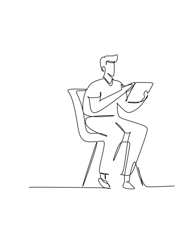 contínuo 1 linha desenhando do uma jovem homem sentado em uma cadeira e lendo uma livro. vetor