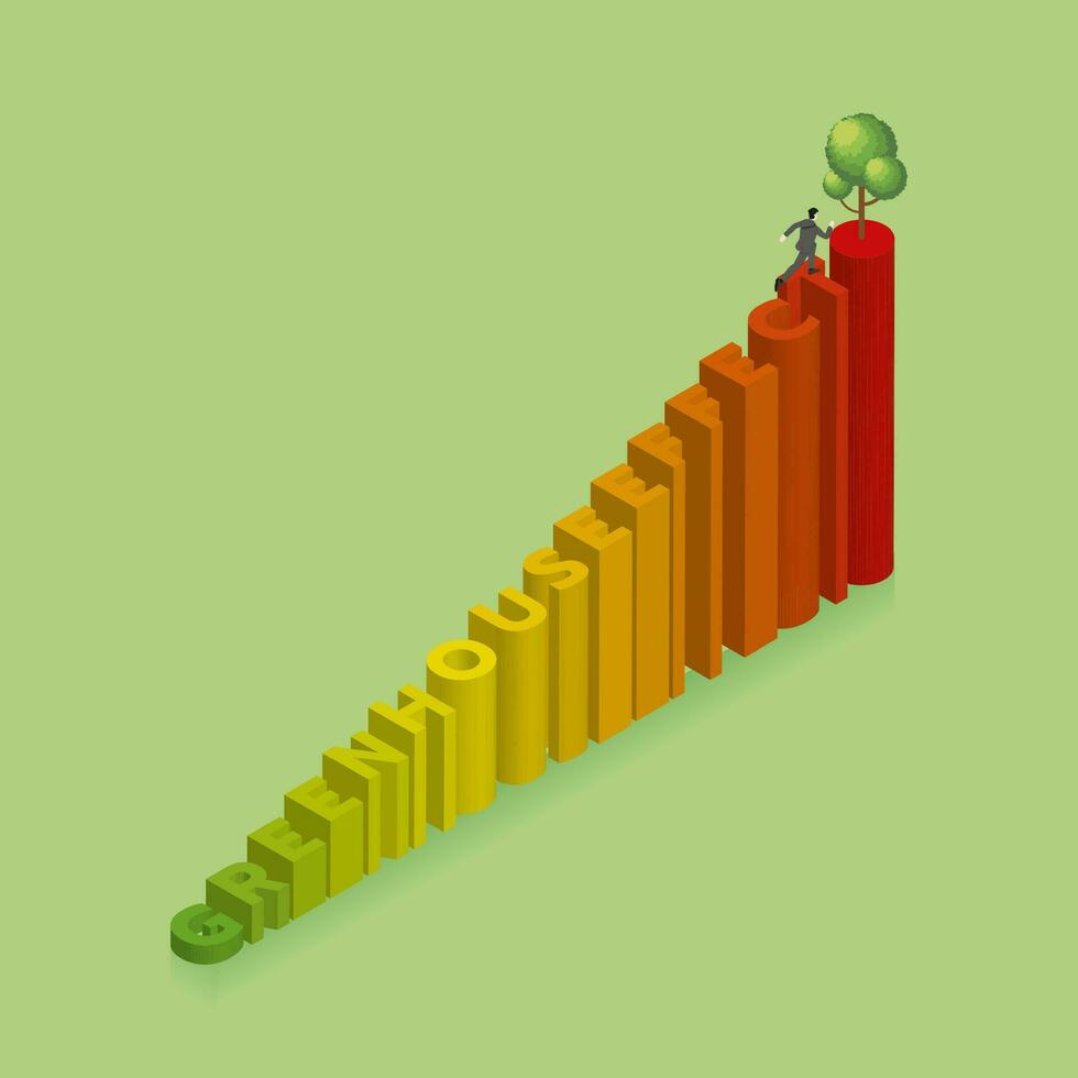 isométrico verde conceito do de Meio Ambiente preocupação. uma homem corre e passos acima uma texto palavra verde casa efeito com cor gradação vetor