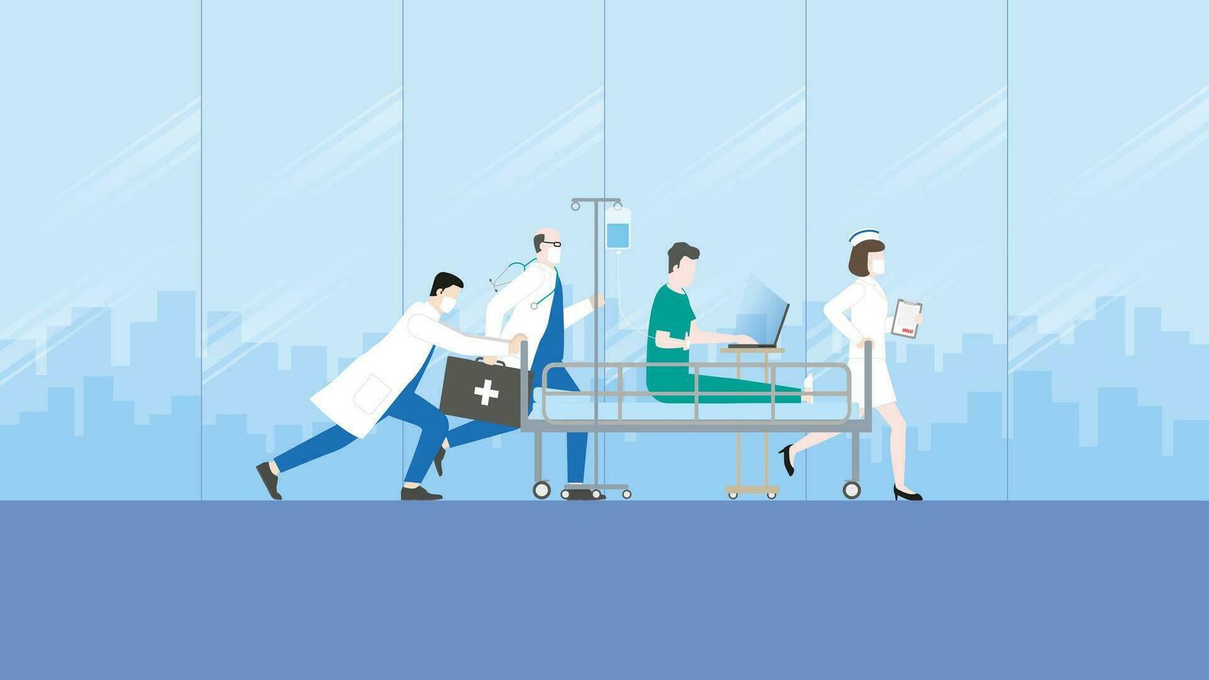 a emergência doente paciente trabalhando de computador portátil em uma hospital cama com urgente caso médico equipe funcionários vetor