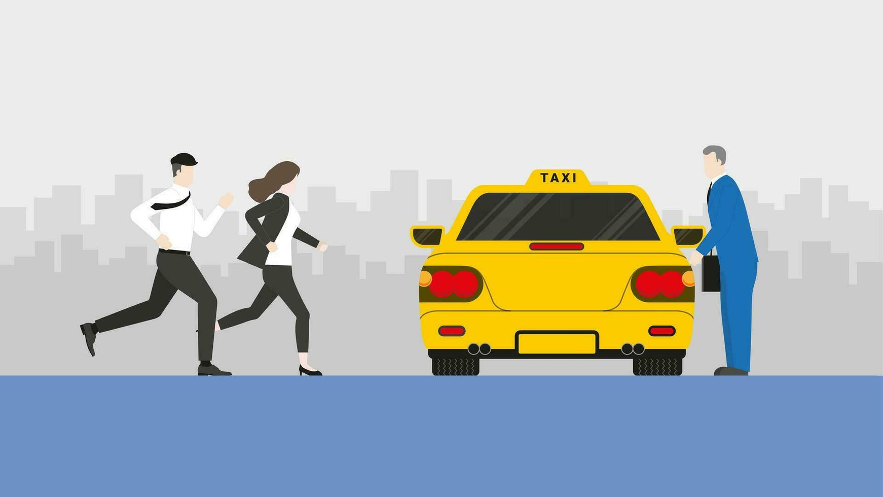 pressa escritório pessoas corre para agarrar Táxi e senhorita pegando acima com uma homem de negocios vetor