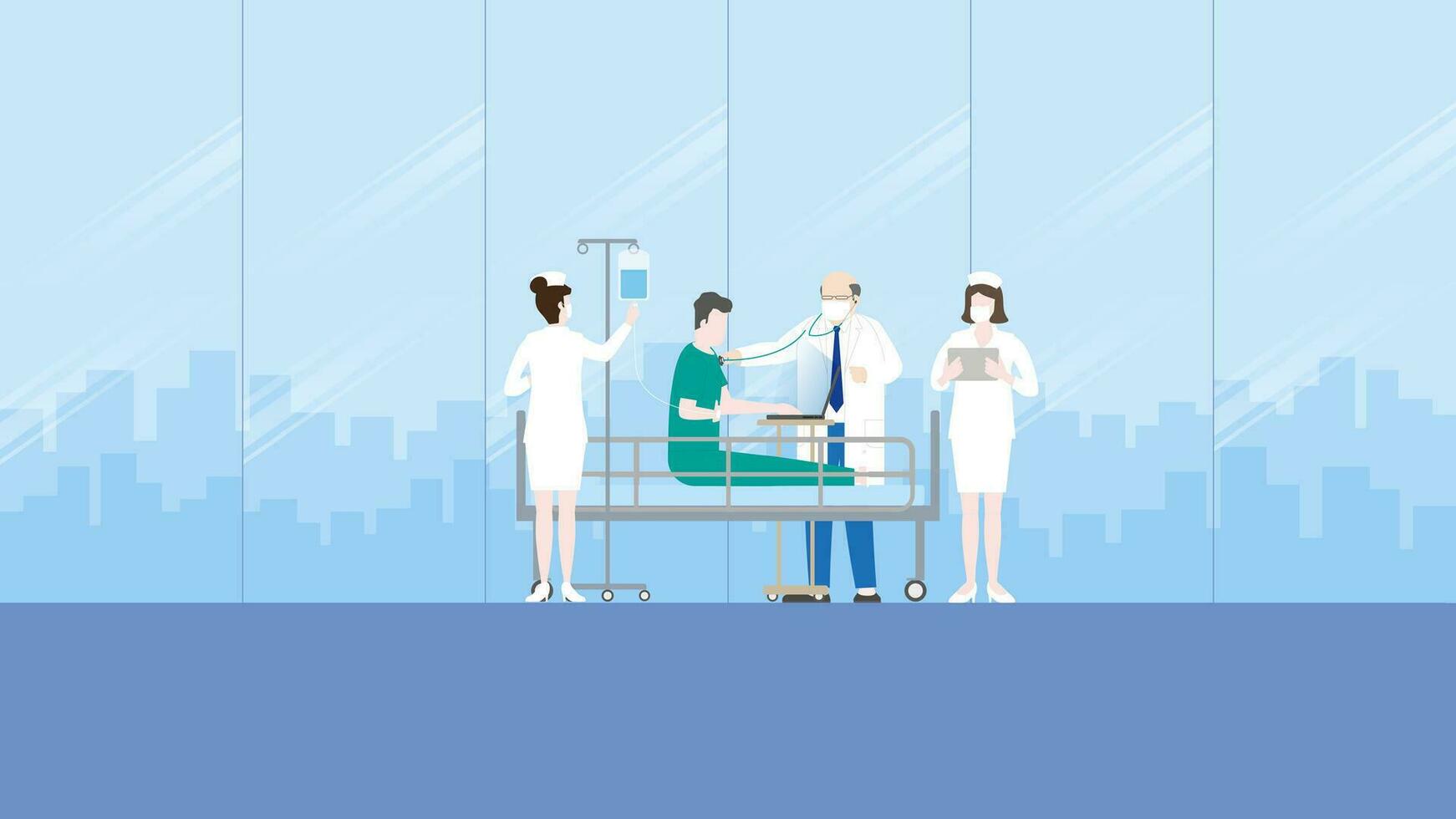 uma doente o negócio paciente trabalhando de computador portátil em uma hospital cama com médico equipe funcionários vetor