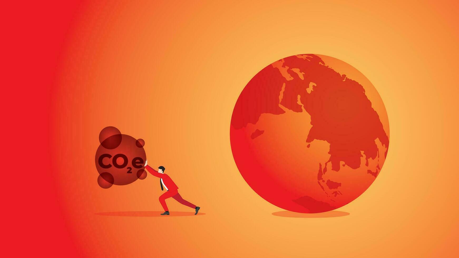 uma homem empurrar co2e longe a partir de a vermelho quente mundo vetor