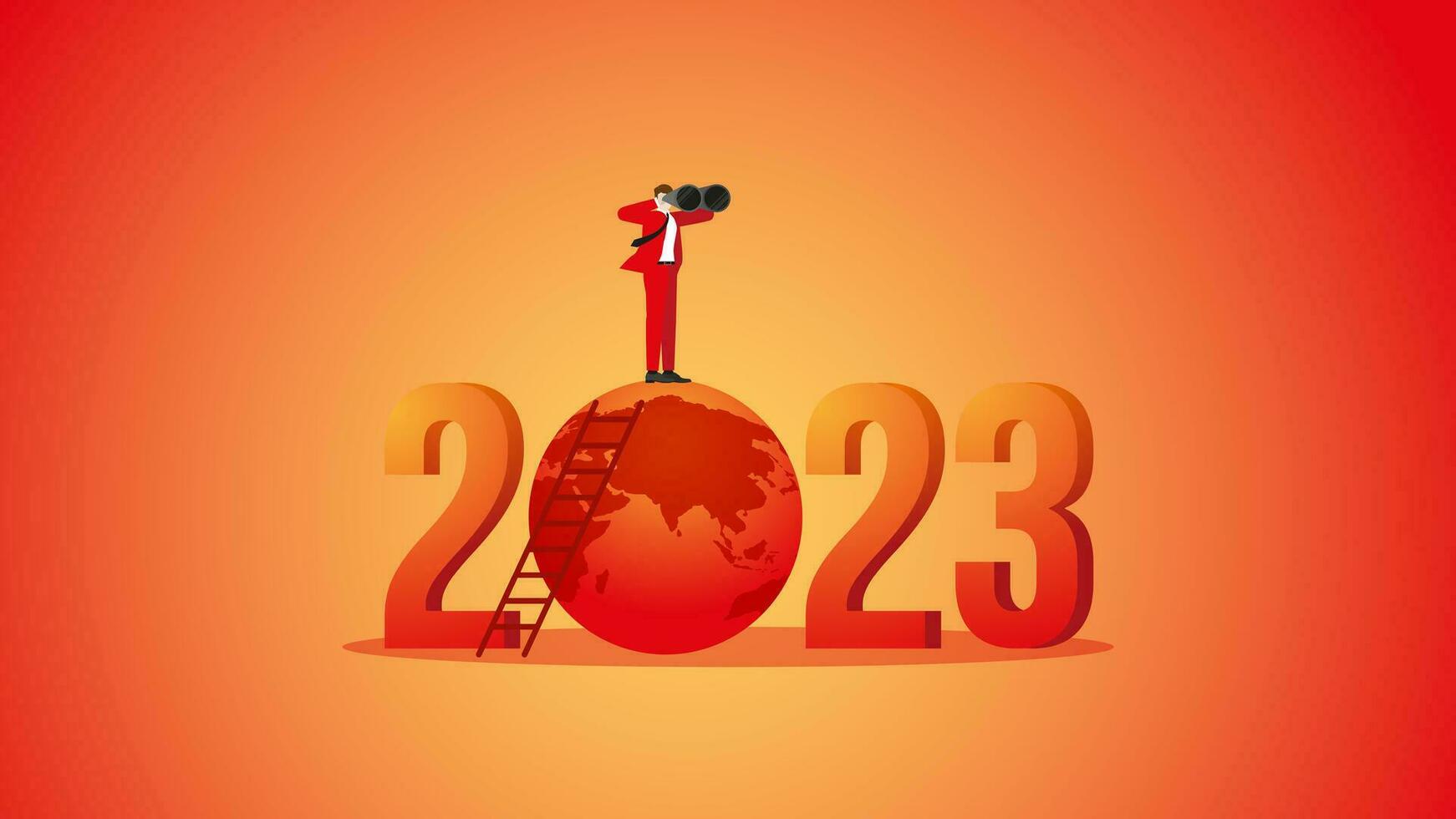vermelho quente mundo e uma visionário homem com binóculos em número 2023. vetor