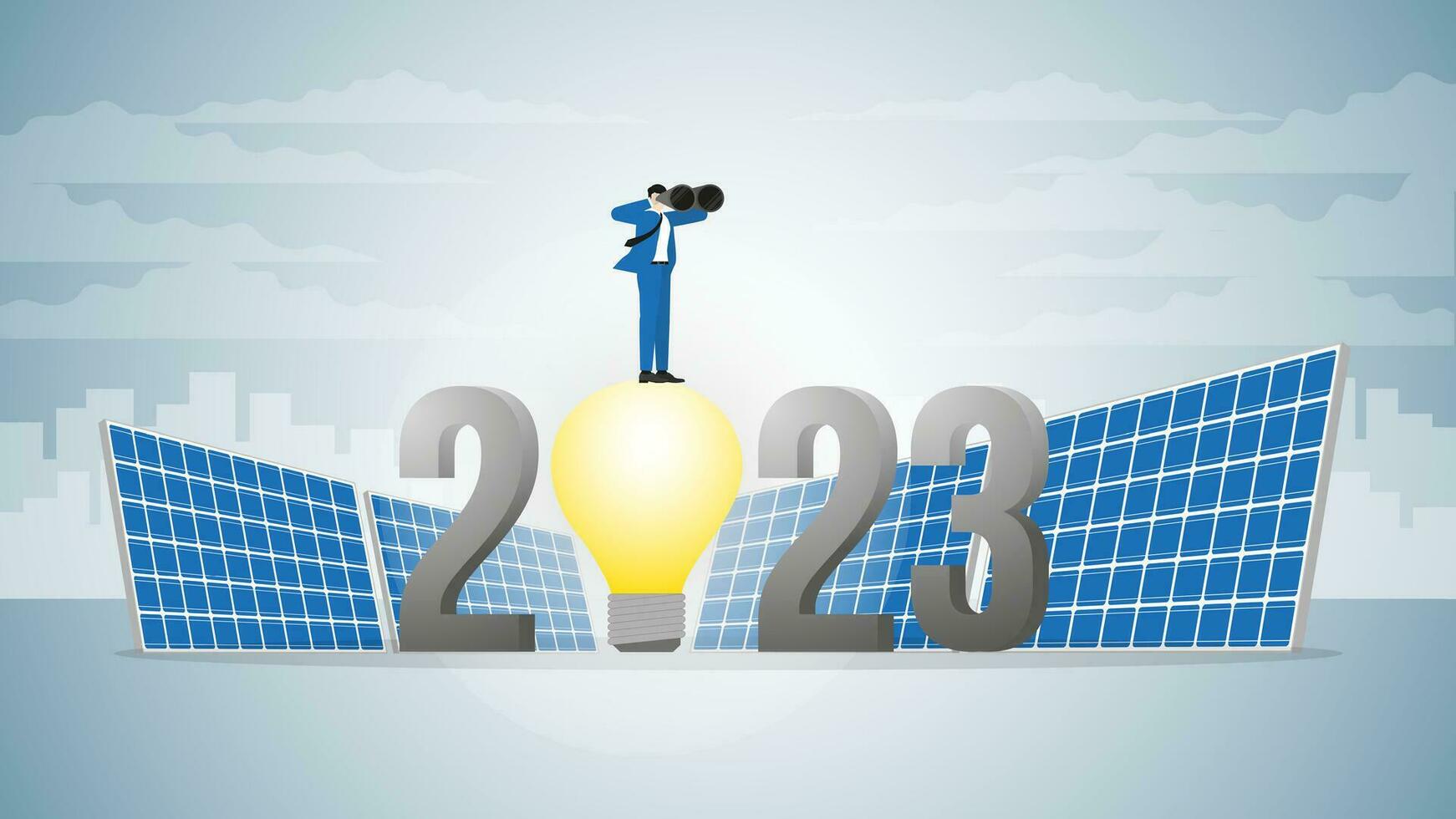 visão homem de negocios usa binóculos em 2023 luz lâmpada alimentado de solar células. vetor