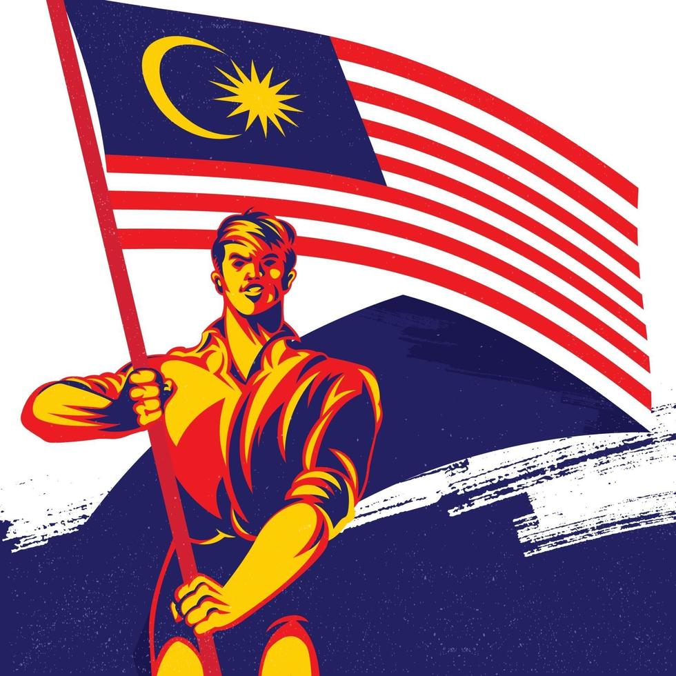 homem segurando uma bandeira da Malásia com ilustração vetorial de orgulho vetor