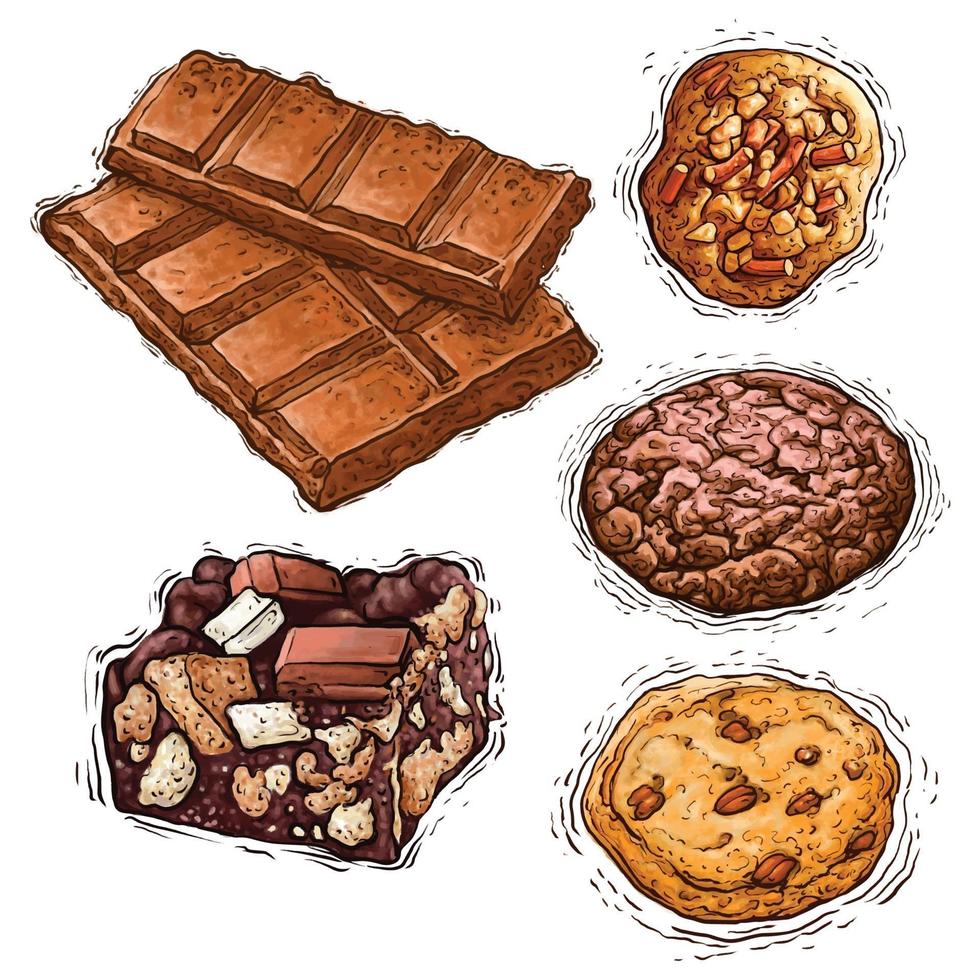 chocolate, biscoito e bolo com nozes sobremesa ilustração em aquarela vetor