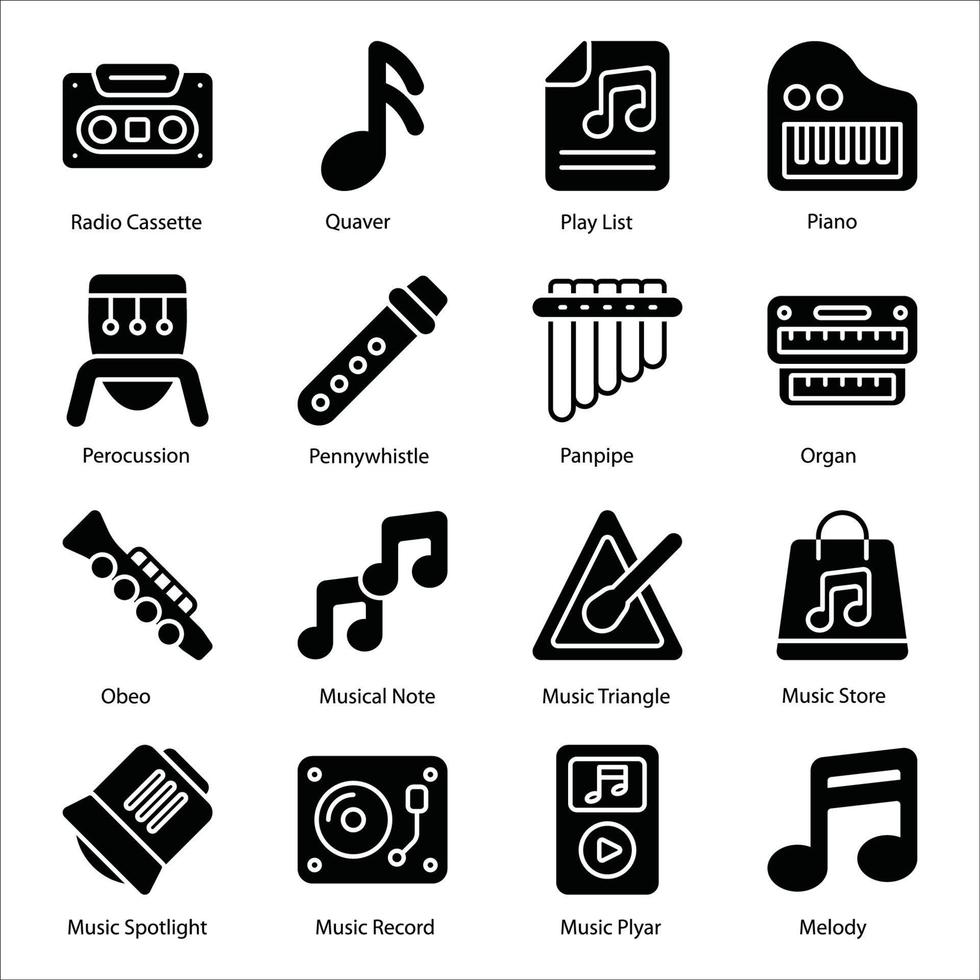 conjunto de ícones de glifo de música vetor