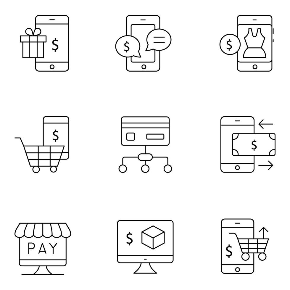 ícones de linha fina de compras móveis vetor