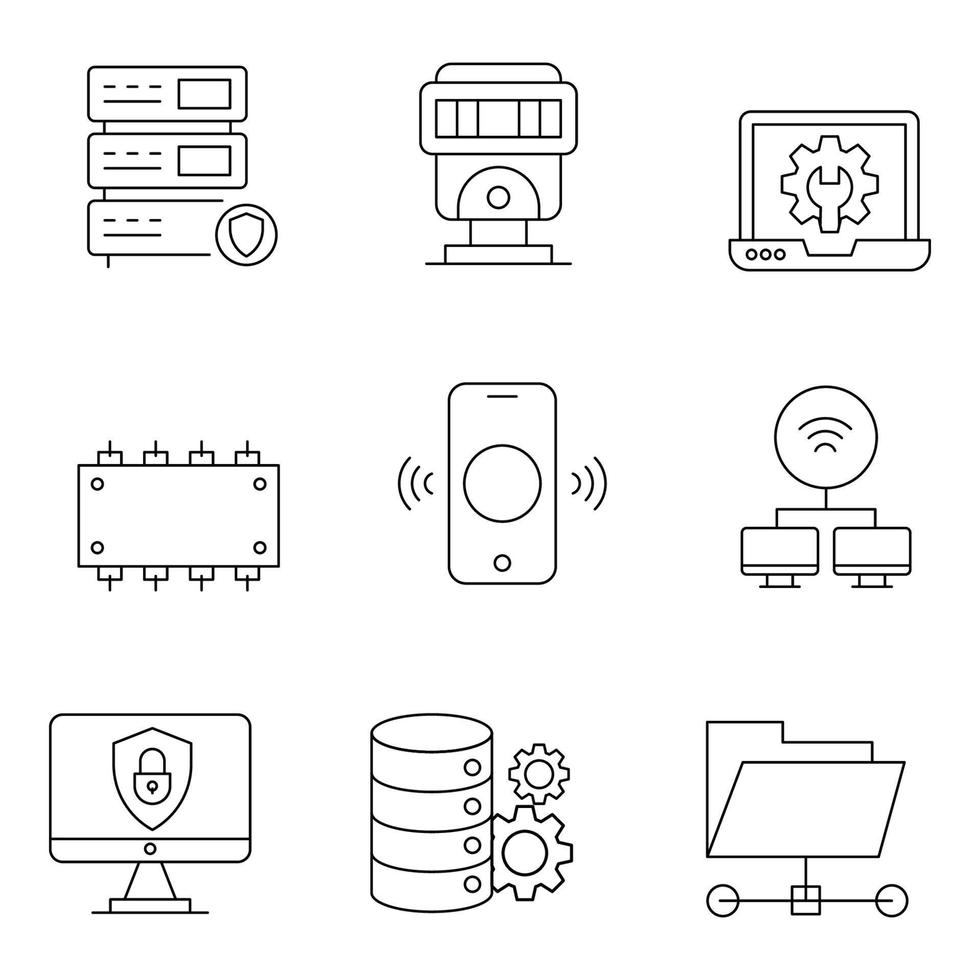 ícones de linha fina de tecnologia e hardwear vetor