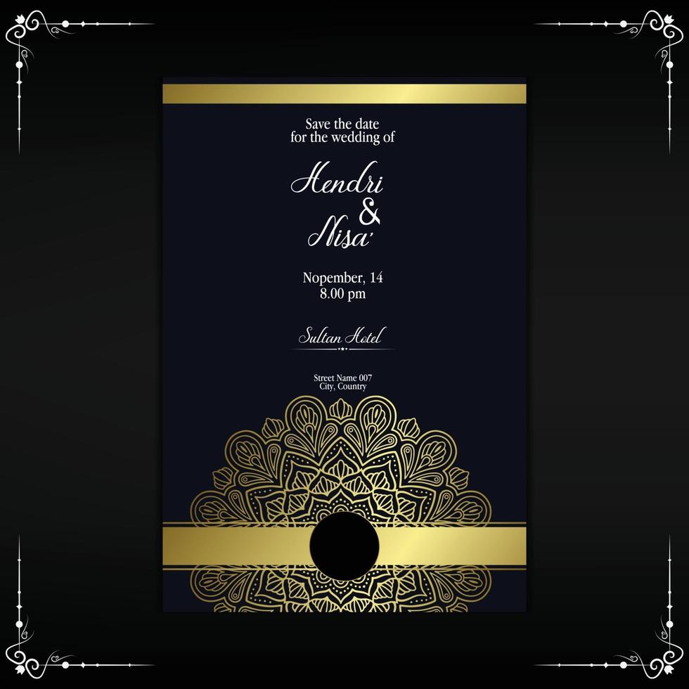 Fundo ornamentado de mandala de ouro de luxo para convite de casamento vetor