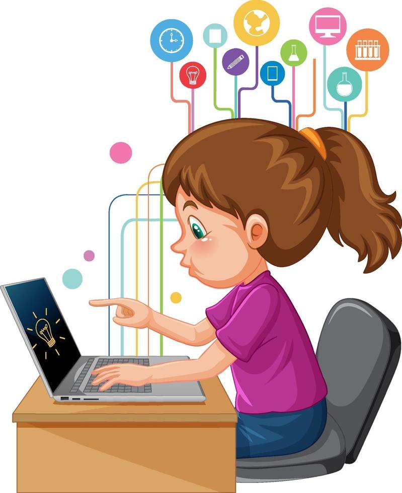 uma garota usando um laptop para ensino à distância online vetor