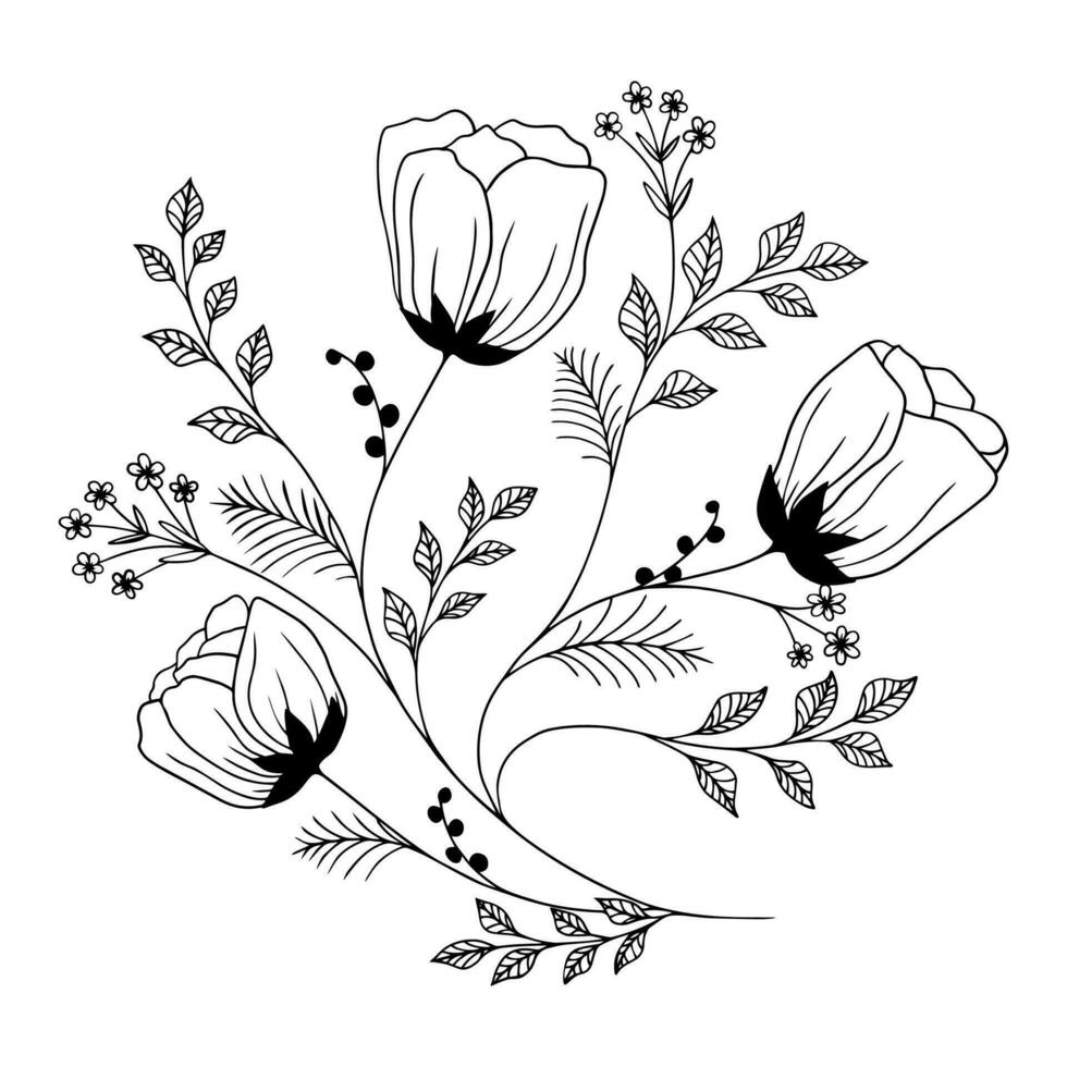 composição do flores e folhas, Preto esboço. linear desenhando do florescendo flores em uma branco fundo. vetor