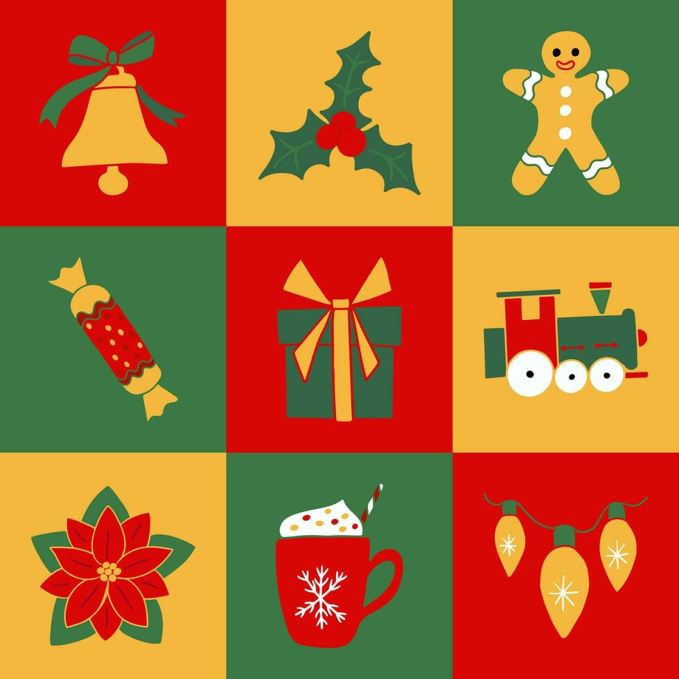 tradicional cores plano Natal gráfico composição. vermelho, verde e amarelo mão desenhado inverno feriado tradicional decoração. perfeito para social meios de comunicação, gráfico poster, cartão, imprimir, padronizar vetor