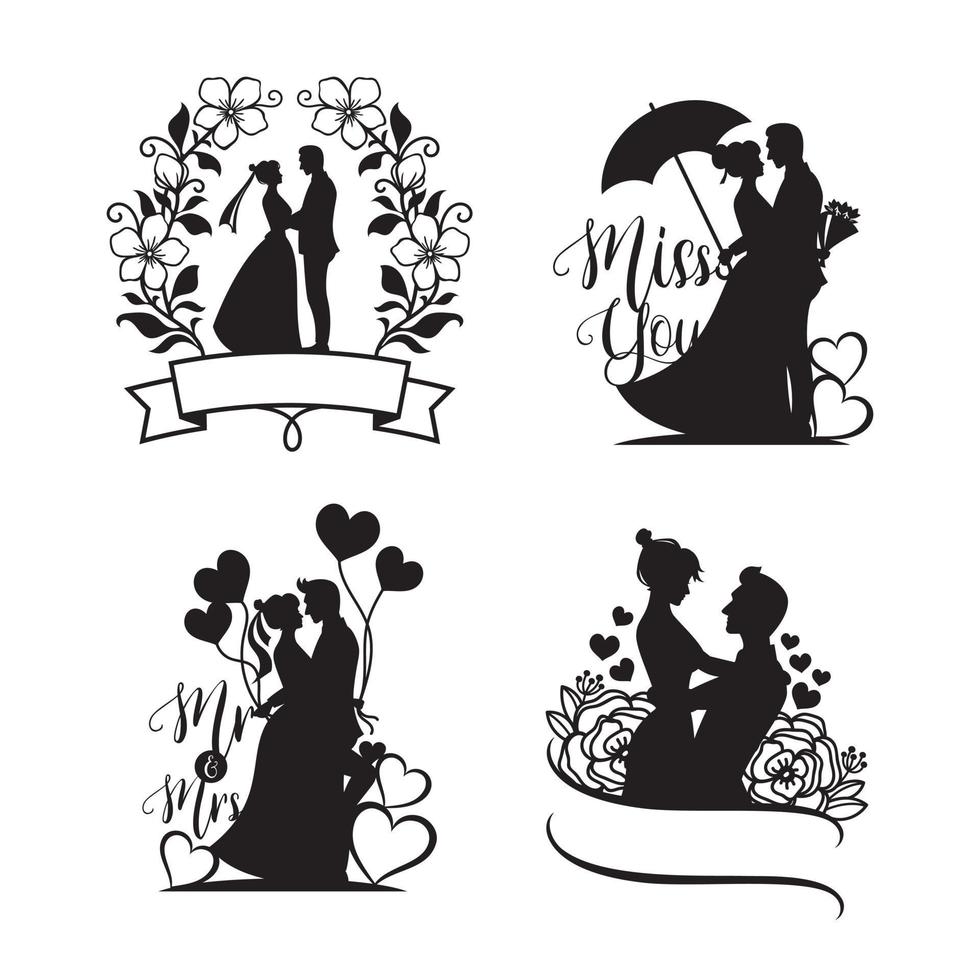 conjunto de ilustração de silhueta de noivos, casal feliz vetor
