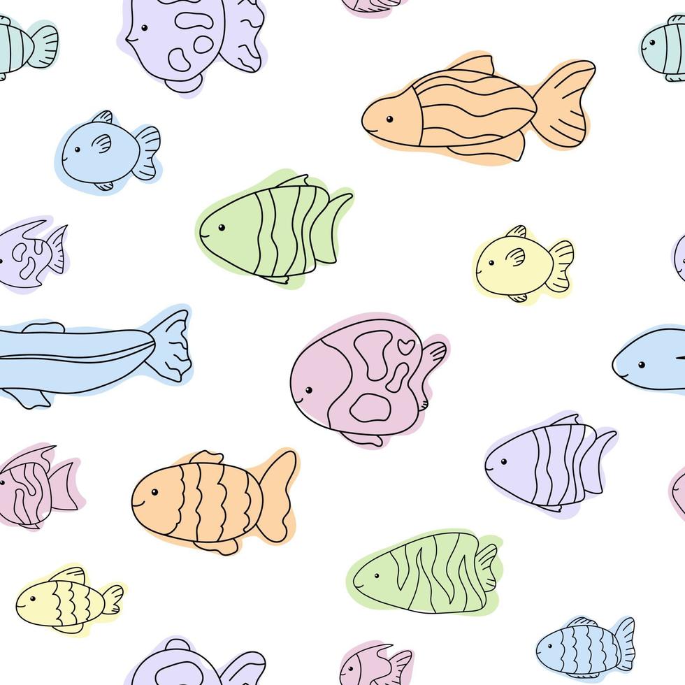 Peixe pastel fofo mar padrão linha branca doodle oceano sem costura vetor