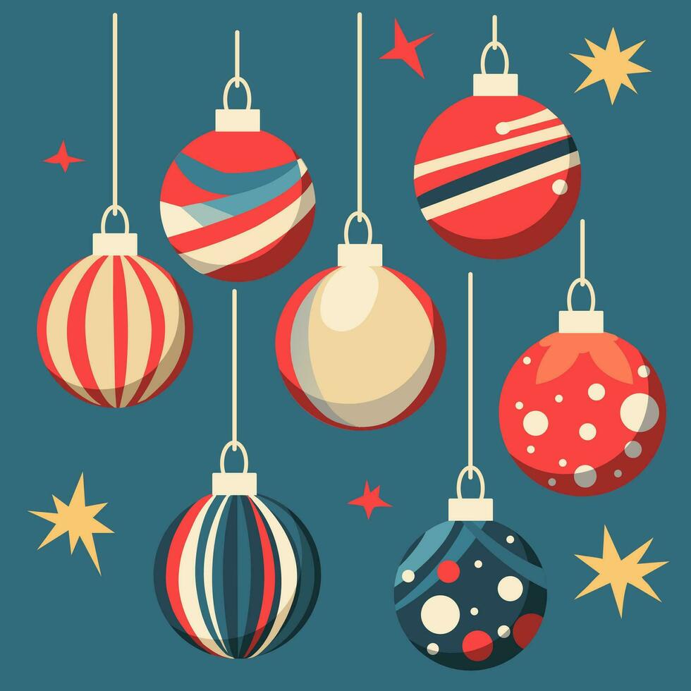 conjunto do Natal plano bolas é em destaque em uma azul fundo. uma festivo Natal brinquedo para uma Natal árvore. vetor ilustração. multicolorido volta bolas dentro vermelho, azul tons com estrelas