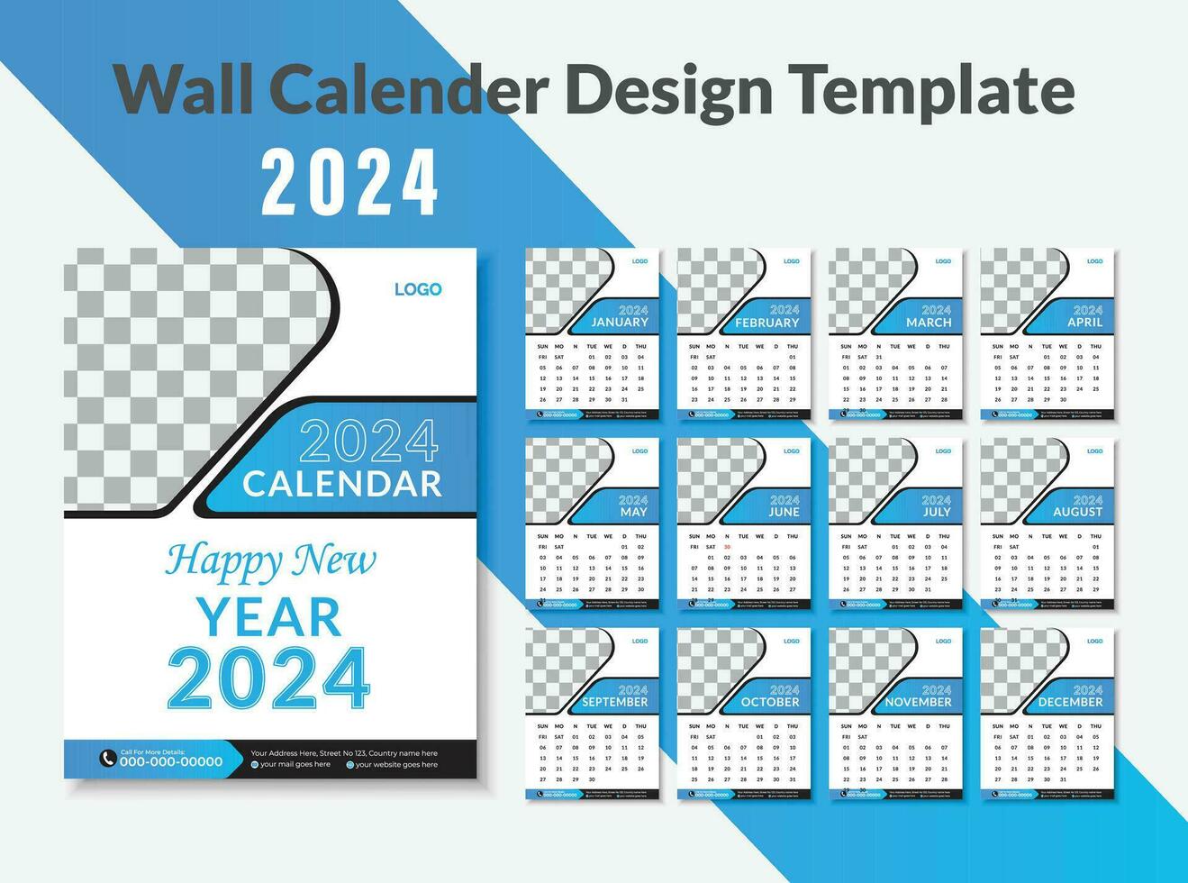 2024 feliz Novo ano calendário modelo conjunto vetor calendário conjunto do 12 mês modelo. minimalista modelo ou calendário a4 disposição Projeto. domingo Como fim de semana. semana começar em Domingo.