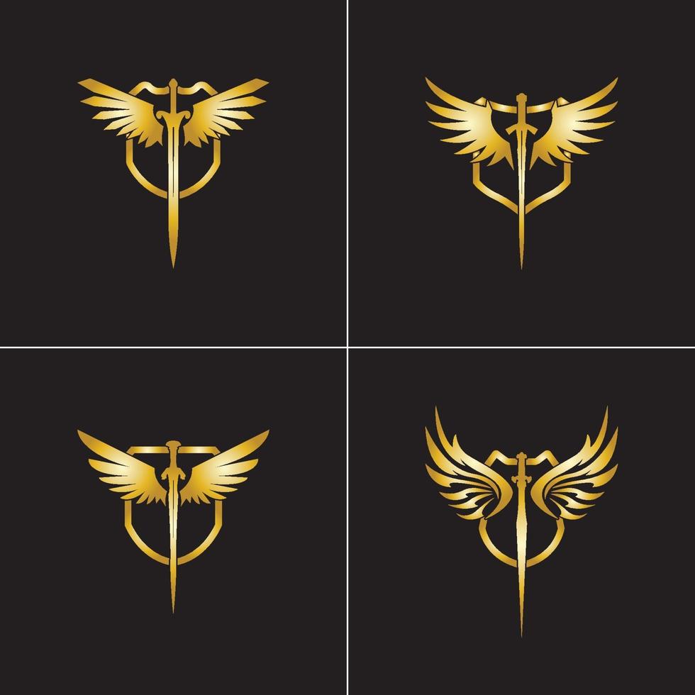 espada alada de ouro com ícone de vetor de escudo.