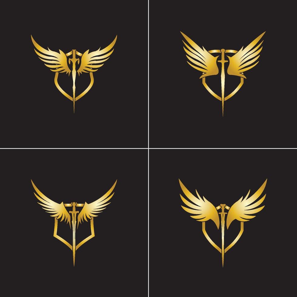 espada alada de ouro com ícone de vetor de escudo.
