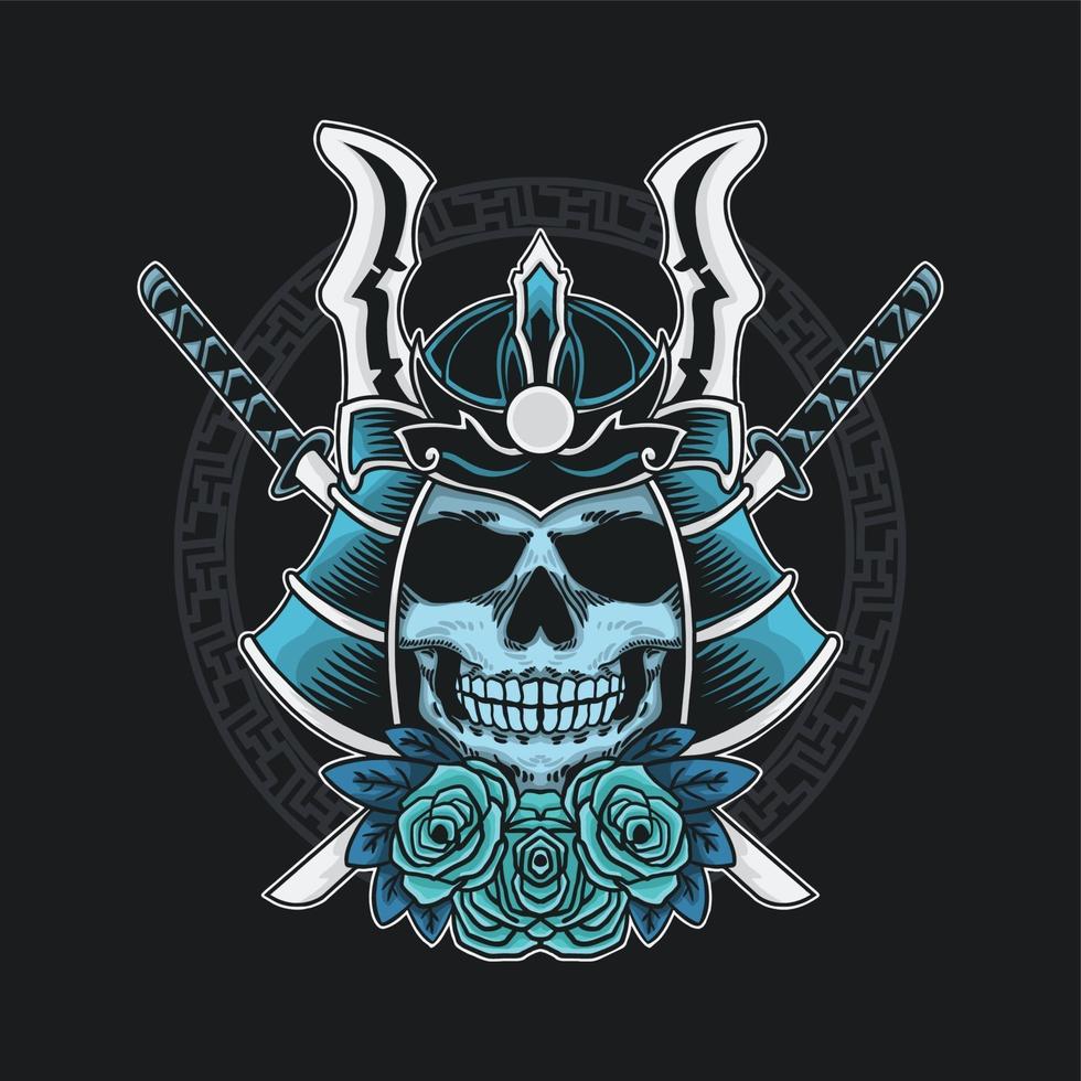 samurai caveira azul com rosas azuis vetor