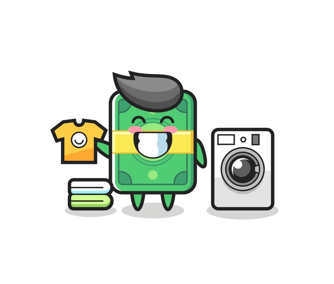 desenho de mascote de dinheiro com máquina de lavar vetor