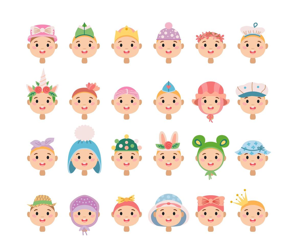 um conjunto de chapéus de crianças de desenho animado. chapéus estilosos vetor