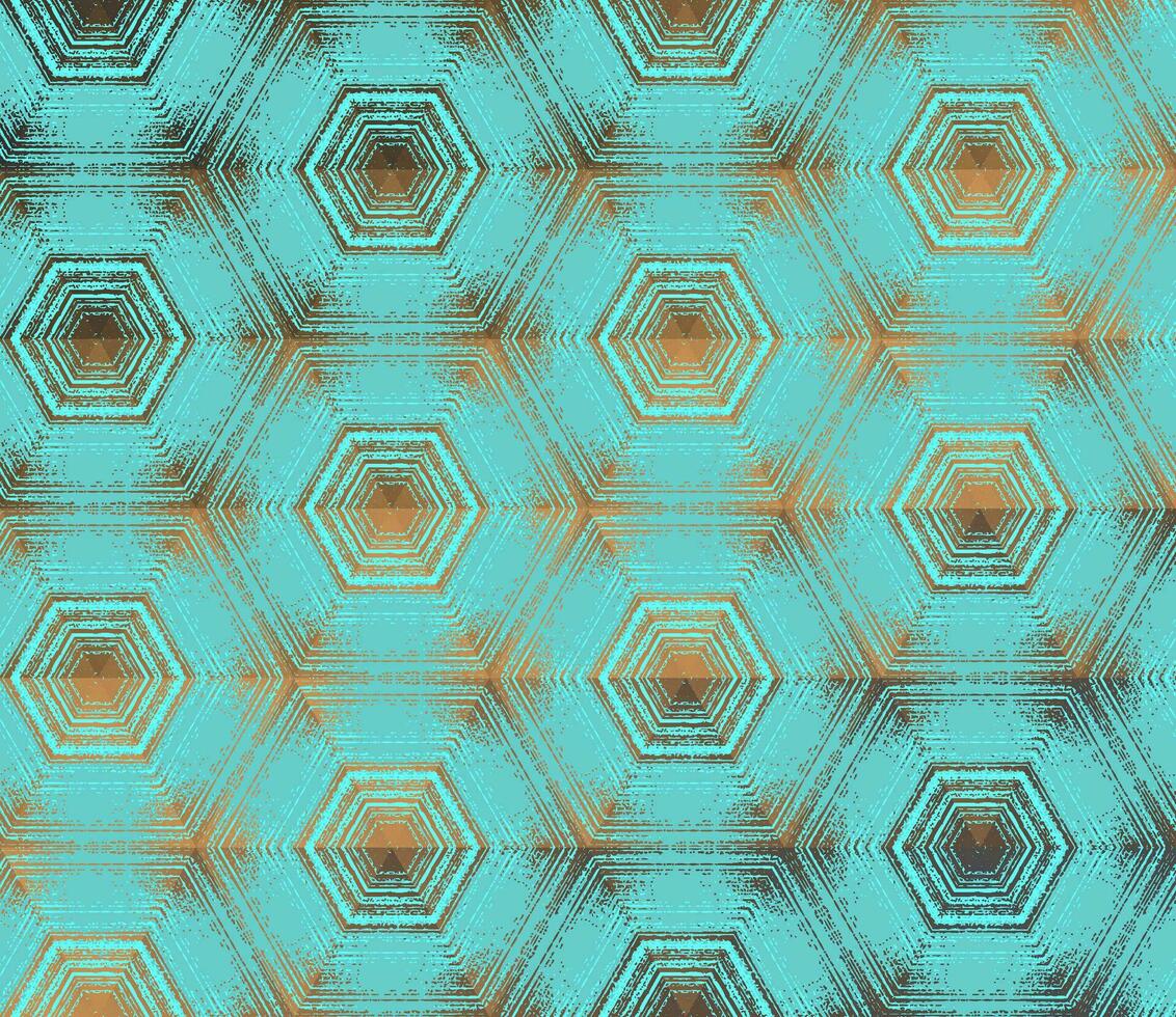 hexágono padrão, abstrato ciano, cerceta e bronze texturizado caleidoscópio ornamento. simétrico geométrico Projeto para digital papel, têxtil impressão, papel de parede, fundo. vetor