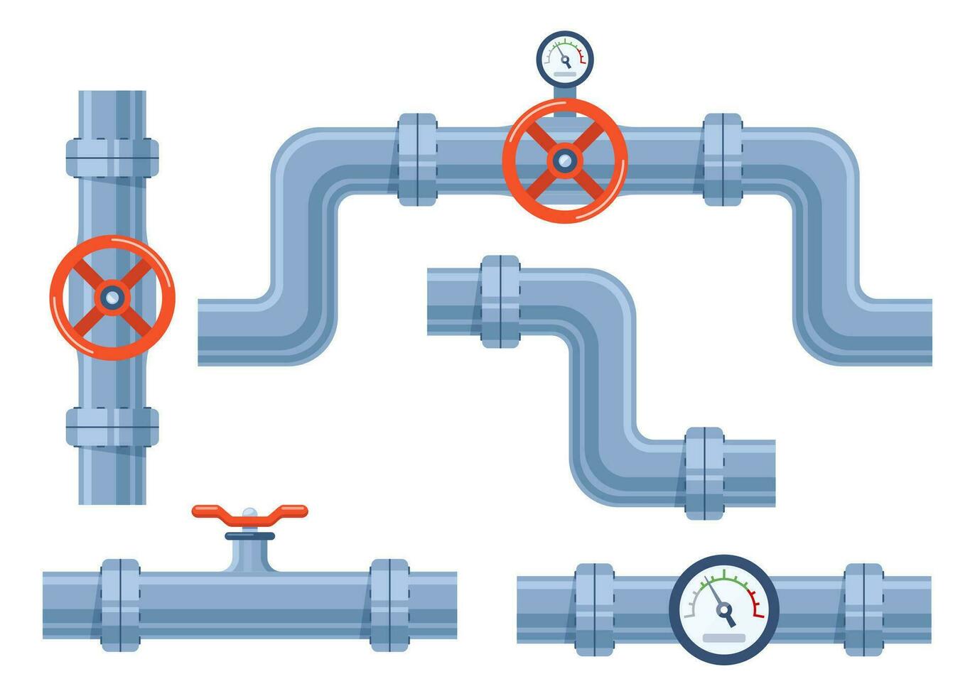 tubo do água com válvula e metro do pressão. tubo elementos. sistema do gasoduto com válvula e manômetro para indústria. construção do aço tubo. vetor ilustração.